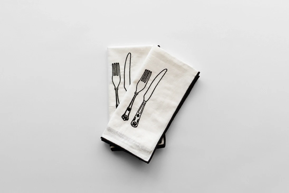 Çatal-Bıçak Nakışlı 2li Beyaz Ham Keten Peçete